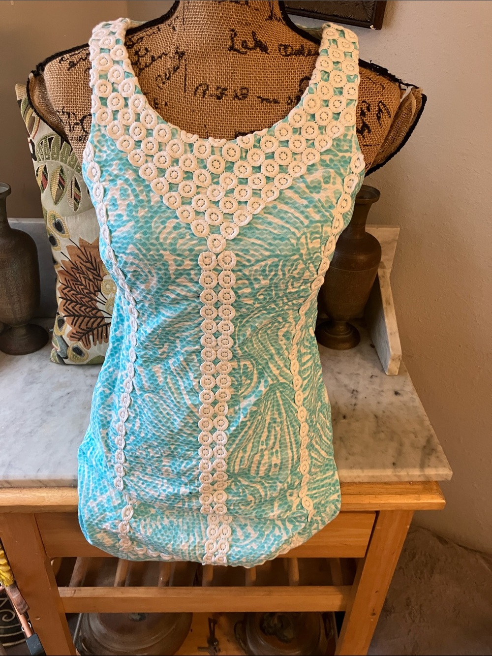 Lilly Pulitzer Aqua and White Crochet-Trim Mini Dress Cute! My Model 4/6 It Fits